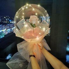 someone is holding a rose in a bubble with lights on the outside and behind it