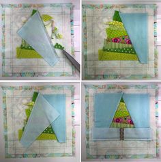 four pictures showing how to make a quilt christmas tree