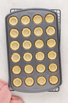 an uncooked muffin tin with mini cupcakes in it