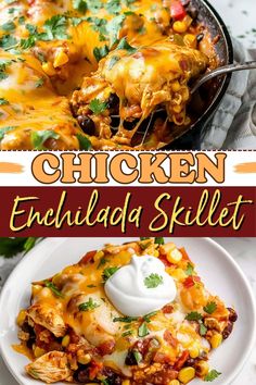 chicken enchilada skillet with sour cream on top and an image of the casserole