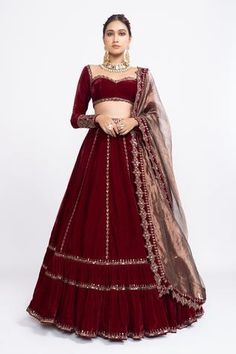 Shop for Vvani by Vani Vats Brown Tissue Velvet Embroidered Lehenga Set for Women Online at Aza Fashions Maroon Lehenga For Bridesmaid, Maroon Sangeet Outfit, Maroon Blouse Lehenga, Maroon Velvet Blouse For Lehenga, Velvet Blouse Designs For Lehanga, Maroon Full Sleeve Blouse, Velvet Lengha Lehenga Choli, Full Sleeve Lehnga Designs, Full Selves Blouse Design For Lengha