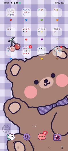 a brown teddy bear sitting on top of a purple and white checkered table cloth