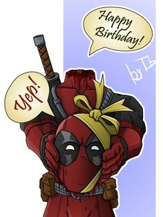 a cartoon deadpool with a happy birthday balloon