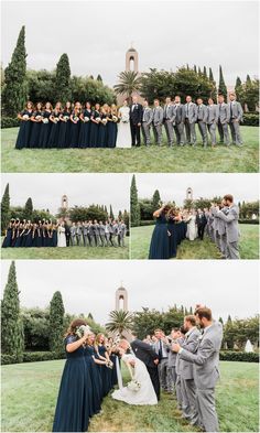 the wedding party is posing for pictures outside