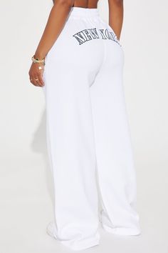 Available In White. Pair Back To "New York Embroidered Zip Front Hoodie" Wide Leg Back Screen 60% Cotton 40% Polyester Imported | New York Embroidered Wide Leg Pants in White size XL by Fashion Nova Casual Embroidered Pants For Loungewear, White Straight Leg Leisure Pants, Embroidered Relaxed Fit Bottoms For Loungewear, Casual Embroidered Stretch Pants, Casual Stretch Embroidered Pants, Casual Stretch Embroidered Bottoms, White Embroidered Bottoms For Loungewear, White Sweatpants For Spring Leisure, Jeans Jumpsuit