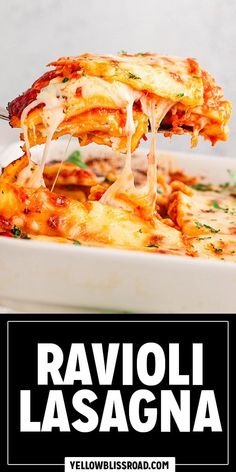 a white casserole dish filled with ravioli lasagna and melted cheese