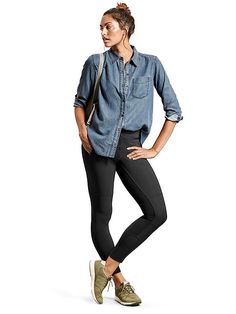 Athleta look: Bootjack Chambray Shirt; Highline Hybrid Ankle Tights; WRT96 by New Balance Sports Chic, Flannel Outfit, Womens Fashion Casual Fall, Mom Fashion, Womens Fashion Casual Spring, Spring Wear, Travel Outfits, Athletic Style