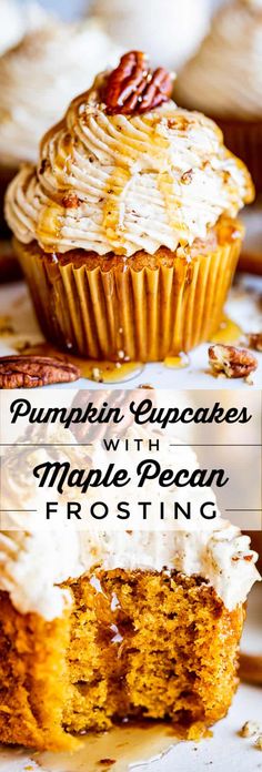 pumpkin cupcakes with maple pecan frosting on a white plate and title overlay