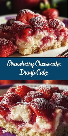 strawberry cheesecake dump cake with powdered sugar on top and fresh strawberries in the background