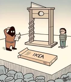 a cartoon depicting a person standing in front of a giant piece of paper with the word ikea written on it