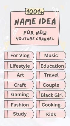 YouTube Channel Name Ideas Youtube Names For Besties, Unique Yt Channel Names, Name Suggestions For Youtube Channel, Cute Vlog Channel Names, Art Youtube Channel Name Ideas, Catchy Youtube Channel Names, Name For Youtube Channel Girl, Youtube Channel Name Ideas For Fashion, Youtube Channel Name Ideas For Gaming