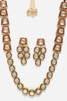 Product Features: Color: Red, Gold, Cream, Maroon, White Material: Alloy Metal Design: Kundan, Pearls, Natural Stones Dimensions: Length of Earring= 6.6 CM; Width of Earring =3.1 CM; Length of Necklace =67 CM; Width of Necklace = 4.2 CM; Adjustable - Yes Occasion: Festivewear, Partywear Product Type: Necklace And Earring Set Disclaimer: There will be slight difference in digital to actual image One Minute Saree, Ruby Necklace, Gold Cream, Necklace And Earrings Set, Necklace And Earring Set, Necklace And Earrings, Metal Design, Red And Gold, White Material