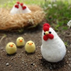 three little chickens sitting on the ground next to some grass and dirt with one chicken in front of them