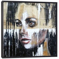 a painting of a woman's face is shown through the layers of torn paper