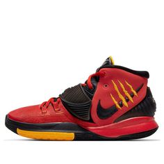 the nike zoom basketball shoe is red and black with yellow details on the upper part