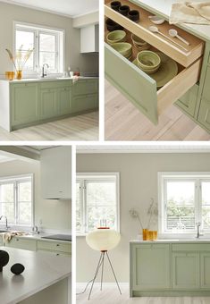 four pictures of kitchen with green cabinets and white counter tops, including an open drawer in the center