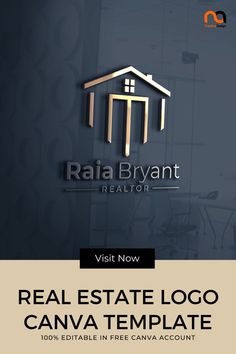 the real estate logo is shown in black and gold, with an image of a house on