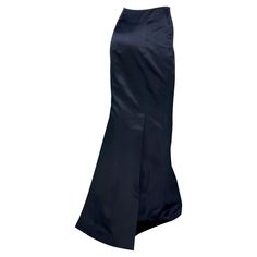 From the 1990s, this Richard Tyler navy blue satin maxi skirt epitomizes classic luxury. Constructed entirely of silk satin, this fabulous floor-length skirt features a flared hem and a small train. Never worn, with the original department store tag still attached! Approximate measurements: Size - 6 Waistband to hem: 45.5" Waist: 26" Hips: 34 - 38" 100% silk Formal Fitted Maxi Length Bottoms, Formal Fitted Maxi Skirt, Blue Satin Bottoms For Formal Occasions, Formal Blue Satin Bottoms, Floor-length Satin Skirt For Gala, Formal Fitted Full-length Maxi Skirt, Fitted Satin Finish Evening Skirt, Fitted Satin Finish Maxi Skirt For Party, Fitted Satin Evening Skirt