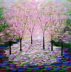 a painting of trees and flowers in the water