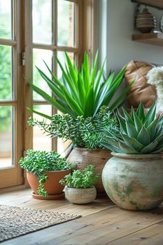 several potted plants sit on a wooden table