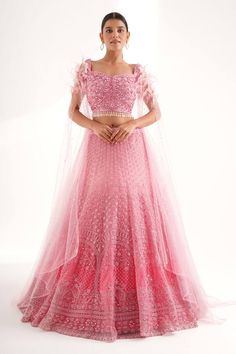 Pink can can attached ombre lehenga with threadwork floral scallop motifs, embellished by sequins and mirror. Comes with bead embellished padded cape sleeves blouse. - Aza Fashions Festive Hand Embellished Lehenga For Ceremony, Party Pink Lehenga With Handwork, Embellished Organza Sets For Ceremony, Hand Embellished Fitted Lehenga For Ceremony, Elegant Pink Choli For Ceremony, Fitted Hand Embellished Sets For Ceremony, Hand Embellished Fitted Sets For Ceremony, Embellished Choli For Ceremony, Hand Embellished Sets For Ceremony With Traditional Drape