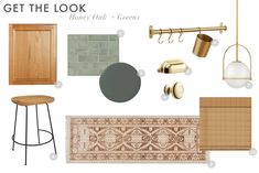 an assortment of kitchen accessories including stools, cabinets and rugs with text that reads get the look honey oak + green