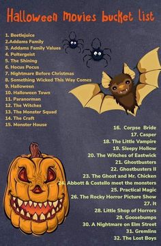 a halloween movie list with pumpkins, bats and other things to do on it