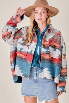 Shop our women's cropped aztec print jacket. lightweight, stylish, and perfect for a unique casual look. button-down closure and dual patch pockets. Southwest Fashion, Aztec Jacket, Patchwork Coat, Southwestern Print, Patchwork Jacket, Aztec Pattern, Beaded Top, Woolen Coat, Print Jacket