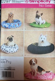 four pictures of dogs sitting on their beds in the same pattern as they are shown