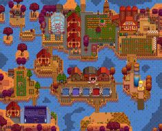 an image of a pixel map with houses and trees on the land, in different colors