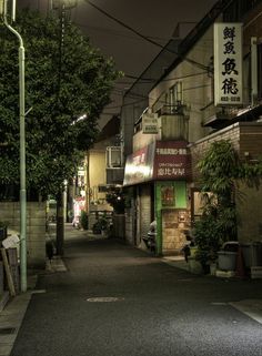 an empty street at night with signs on the buildings and trees in the alleyway