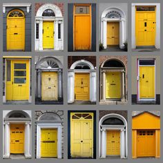 yellow doors in different styles and colors on a gray background stock photo - image 3497