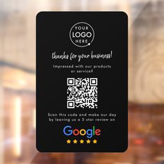 a black business card with qr code on it and the words, your logo here thanks for your business