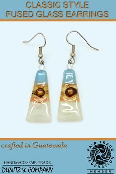 You'll adore these classic style fused glass earrings from Dunitz & Company's fair trade jewelry collection. These are ethically made in Guatemala and available in many color combinations. Click to discover your favorites for your colorful wardrobe. Handmade Glass Drop Earrings, Modern Handmade Glass Earrings, Unique Glass Dangle Earrings, Unique Glass Earrings With Ear Wire, Modern Handmade Clear Earrings, Nickel-free Recycled Glass Earrings As Gift, Nickel-free Multicolor Glass Earrings, Adjustable Multicolor Glass Earrings, Multicolor Glass Drop Earrings