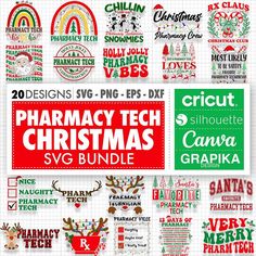 the pharmacy tech christmas svg bundle is shown in red, green and white colors