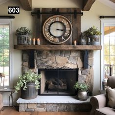 a fireplace with a large clock above it