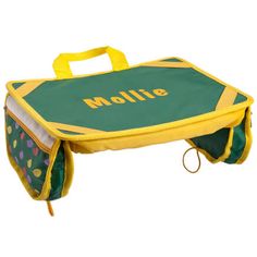 a green and yellow bag with polka dots on the bottom that says'rollie '