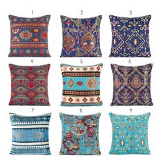 six pillows with different patterns on them and numbers in the middle one is for each pillow