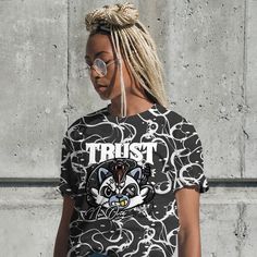 Brand Dunkare Dunkare Reverse Black White 6s Shirt - Trust No Raccoon Bubble Graphics Shirt Unisex Black Casual T-shirt With Character Print, Graphics Shirt, Bubbles, Black White, Black And White, White, Black