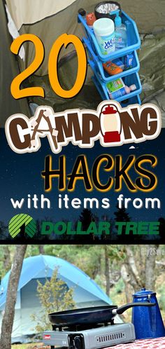 camping hacks with items from dollar at the top, and text overlay reads 20 camping hacks with items from dollar at the bottom