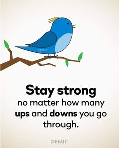 a blue bird sitting on top of a tree branch with the words stay strong no matter how many ups and downs you go through