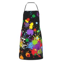 an apron with colorful paint splatters on the front and side, in black