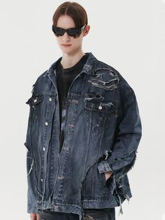 This is a unique and casual denim jacket that is made out of sturdy cotton 100% denim fabric. With a trendy and young design with rough destroyed texture all over, layered elements on destroyed parts, and dirty washing process that gives a vintage mood, it gives a unique and wild look. - Layered detail- Destroyed detail and dirty washing- Welt pockets on the side Faded Cotton Outerwear With Frayed Hem, Grunge Washed Cotton Outerwear, Faded Cotton Denim Jacket With Frayed Hem, Acid Wash Distressed Cotton Outerwear, Faded Denim Jacket With Frayed Hem, Distressed Acid Wash Cotton Outerwear, Oversized Distressed Grunge Outerwear, Grunge Long Sleeve Stonewashed Outerwear, Ripped Long Sleeve Cotton Outerwear