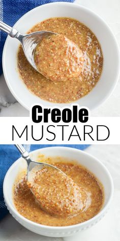 two bowls filled with crocke mustard on top of a table