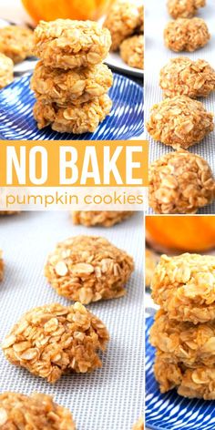 no bake pumpkin cookies on a blue and white plate with an orange in the background