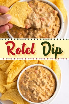 a bowl of salsa dip with tortilla chips in it and the words rotel dip above it