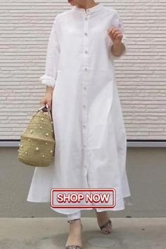 Women Fashion Long Sleeve Vintage Oversize Casual Maxi Dress Cupro Dress, Loose Shirt Dress, Collar Shirt Dress, Mandarin Collar Shirt, Loose Cardigan, Dress Sleeve Length, Chiffon Dress Long, Collared Shirt Dress, Cotton Linen Dresses