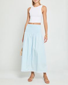 Spring Maxi Skirt With Elastic Waistband For Daywear, Casual Summer Maxi Skirt With Lace Trim, Chic Spring Maxi Skirt With Lace Trim, Spring Maxi Skirt With Lace Trim And Relaxed Fit, Casual Cotton Maxi Skirt With Gathered Waist, Spring Maxi Skirt With Smocked Back, Spring Cotton Maxi Skirt With Elastic Waistband, Casual Blue Skirt With Smocked Back, Casual Spring Maxi Skirt With Lace Trim