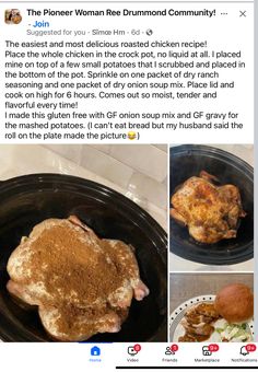 an instagram page with two pictures of chicken and potatoes in a crock pot