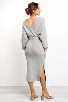 Knitted Sweater Wrap Belted Tunic Midi Dress – lastrafashion Spring V-neck Dress With Sashes, Gray Stretch V-neck Dress, Fitted V-neck Dress With Sashes, Fitted Belted Dress For Brunch, Fitted Fall Midi Dress With Belt, Long Sleeve Belted Dresses For Fall, Long Sleeve Dresses With Belt For Fall, Fitted Midi Dress With Belt For Fall, Long Sleeve Midi Dress With Belt